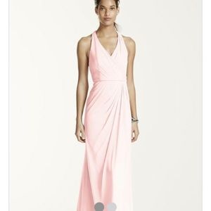David’s Bridal Long Mesh halter petal pink dress